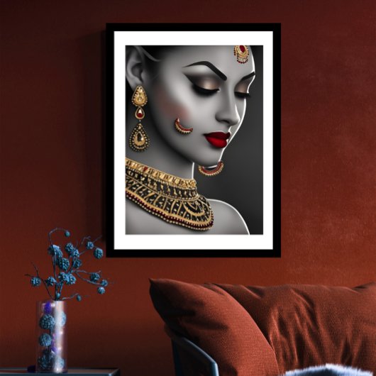 Poster Belle Asiatique Indienne Noir Blanc Rouge Gems