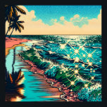 Poster Belle BD Pop Art Style Plage Scène<br><div class="desc">Belle vague bleue de l'océan sur une plage de sable avec une jolie réflexion dans l'eau. Palmiers et eau gazeuse et ciel nuageux.</div>
