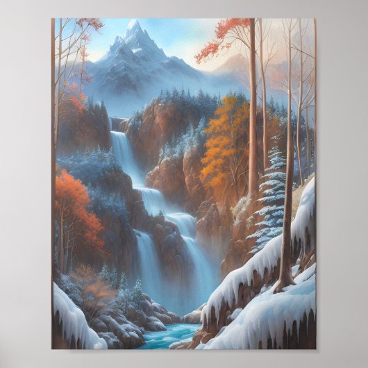 Poster Belle cascade dans une forêt de neige (Devant)