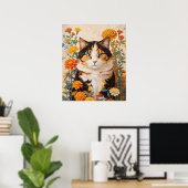 Poster Belle Chat Calico Avec Fleurs Marigold (Bureau à domicile)