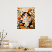 Poster Belle Chat Calico Avec Fleurs Marigold (Cuisine)