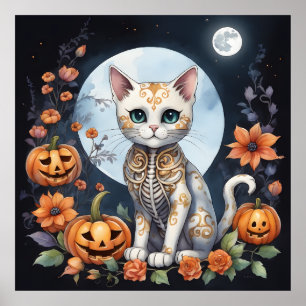 Poster Belle Chat Halloween Lune Florale - Fé Whimsical