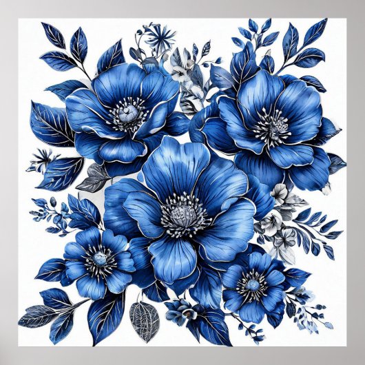 Poster Belle composition florale bleue et blanche (Devant)