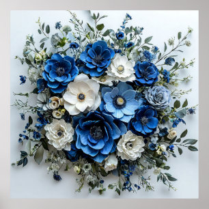 Poster Belle composition florale bleue et blanche