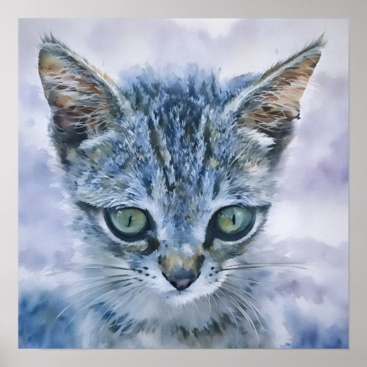 Poster Belle Cute Grey Tabby Kitten Aquarelle Art (Devant)