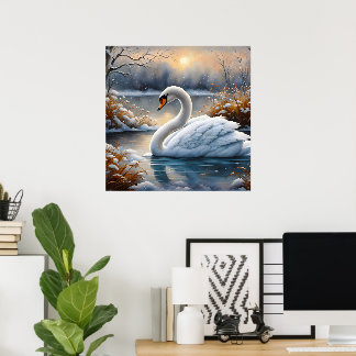Poster Belle Cygne Blanc Sur Un Lac