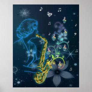Poster Belle et cool Dame bleu brillant jouant de la musi