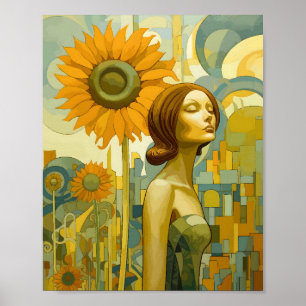Poster Belle Femme À La Recherche Du Ciel Tournesol