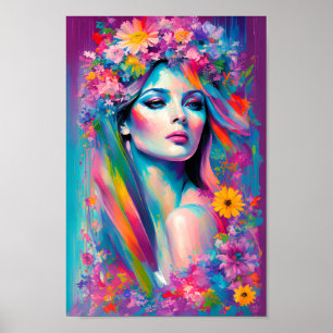 Poster Belle femme Aquarelle Floral Arc-en-ciel
