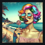 Poster Belle femme Art Pop Rétro avec Lollipop<br><div class="desc">Femme de style rétro en lunettes de soleil aux cheveux colorés et une lollipop avec un arrière - plan de plage aux couleurs psychédéliques.</div>
