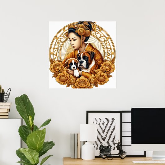 Poster Belle Femme Avec Boxer Maman & Pup (Bureau à domicile)