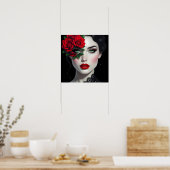 Poster Belle Femme avec Rose Rouge (Cuisine)