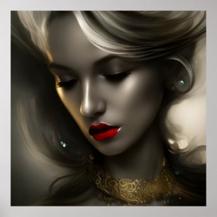 Poster Belle femme blonde bronze or avec lèvres rouges 3