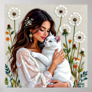 Poster Belle femme, chat et pissenlits