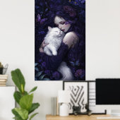 Poster Belle femme gothique et son chat blanc (Bureau à domicile)