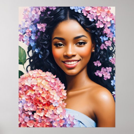 Poster Belle femme noire Hydrangeas Portrait (Devant)
