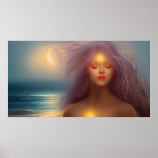 Poster Belle femme plage clair de lune océan 4 (Devant)