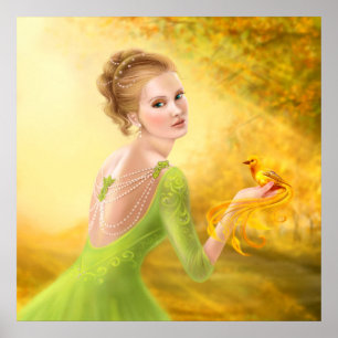 Poster Belle femme romantique et oiseau d'imaginai