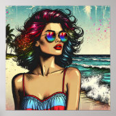 Poster Belle femme sur la plage Comic Book Pop Art (Devant)