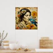 Poster Belle femme Vintage en fleurs (Cuisine)