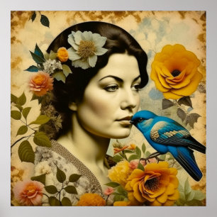 Poster Belle femme Vintage en fleurs