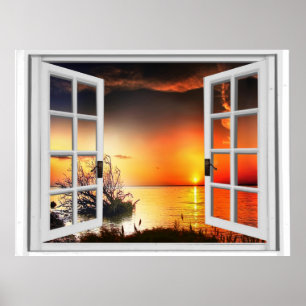Poster Belle fenêtre de faux de vue de coucher du soleil