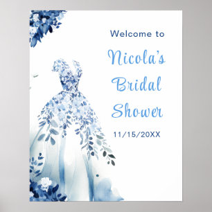 Poster Belle Fête des mariées Florale Bleue Bienvenue