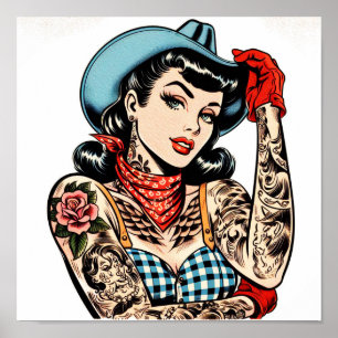 Poster Belle fille au tatouage en caricature