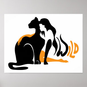 Poster Belle fille, grand chat noir Panther illustration