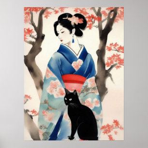 Poster Belle fille japonaise avec un chat noir