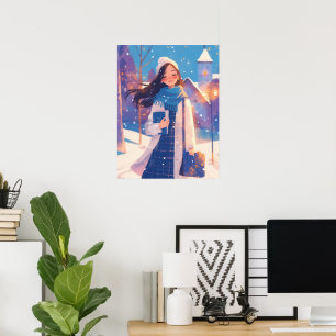 Poster Belle Fille Marchant dans la Rue d'Hiver