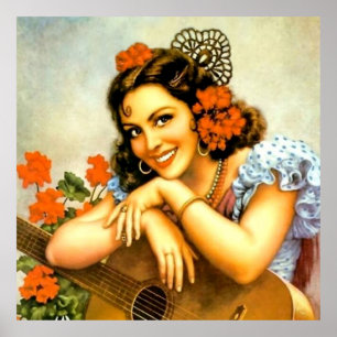 Poster Belle fille mexicaine de calendrier avec guitare 