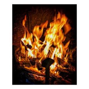 Poster Belle flamme dans une cheminée ancienne