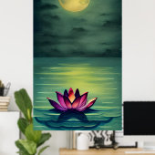 Poster Belle Fleur de Lotus Serene et une Pleine lune (Bureau à domicile)