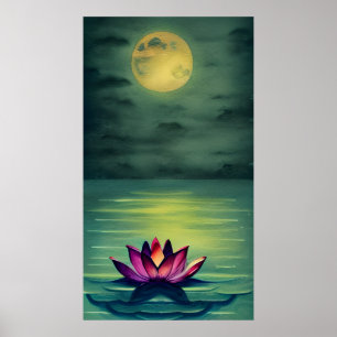 Poster Belle Fleur de Lotus Serene et une Pleine lune