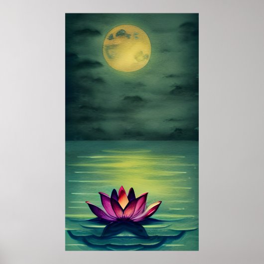 Poster Belle Fleur de Lotus Serene et une Pleine lune (Devant)