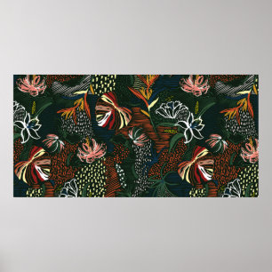 Poster Belle fleur rétro dessinée à la main, palme tropic