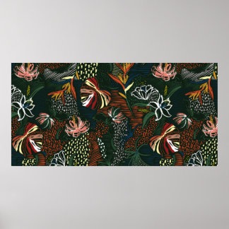 Poster Belle fleur rétro dessinée à la main, palme tropic