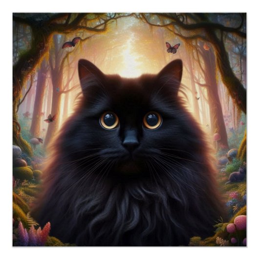 Poster Belle Fluffy Chat Noir avec yeux or (Devant)