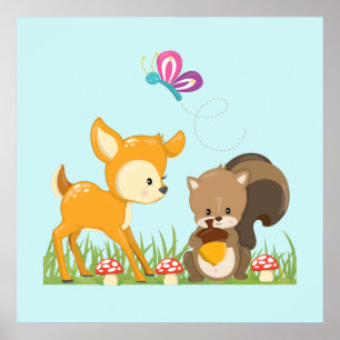 Poster Belle forêt Animaux Caricature Whimsical