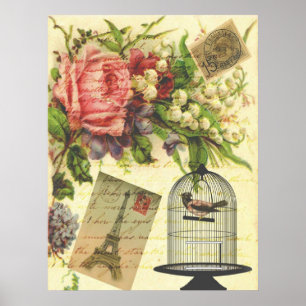 Poster Belle girly vintage rose fleurs Tour Eiffel