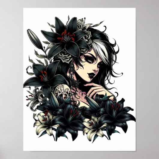 Poster Belle Goth Girl Black Lilly Flowers art (Devant)