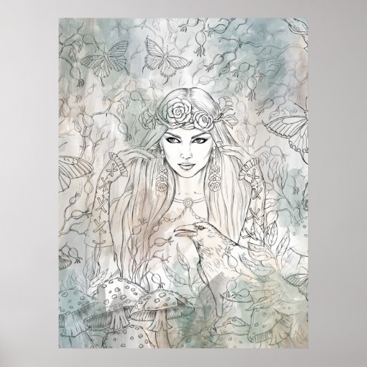 Poster Belle gothique fille avec un corbeau dessiné à la  (Devant)