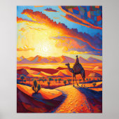 Poster Belle Heure d'or Désert Coucher de soleil et chame (Devant)