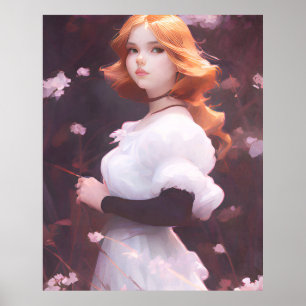 Poster Belle Jeune Fille Parmi Les Fleurs Roses Portrait