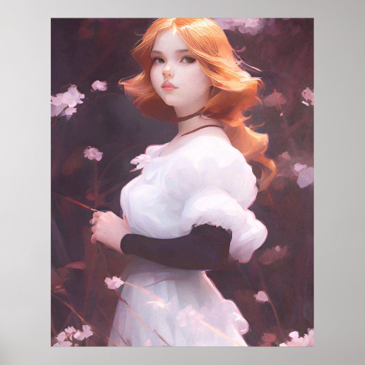 Poster Belle Jeune Fille Parmi Les Fleurs Roses Portrait (Devant)