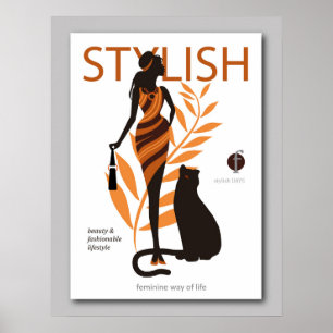 Poster Belle mode africaine fille grand chat Panther
