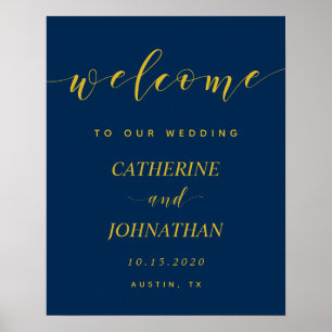 Poster Belle Moderne Bleu Marine, Bienvenue au Mariage