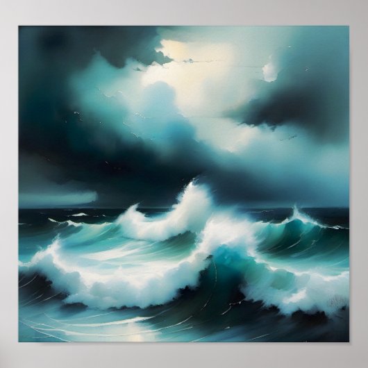 Poster Belle peinture cool Bleu Océan avec vagues (Devant)