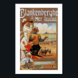 Poster Belle période estivale plage Voyage Blankenberge<br><div class="desc">Magnifiquement restauré à partir d'une très grande affiche de voyage de la fin du 19ème siècle pour la ville côtière de Blankenberghe (aujourd'hui Blankenberge) sur la côte de la mer du Nord en Belgique. Montrant une dame avec une paire de jumelles, tenant un petit enfant, un pêcheur et quelques attractifs...</div>